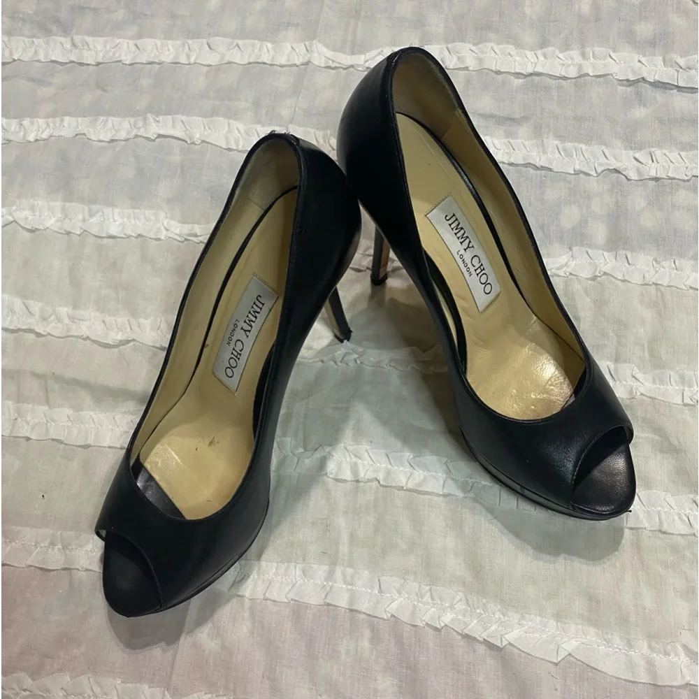 Jimmy Choo - Pump, Black Leather, Platform, Peep Toe, High Heel Women’s Size 35